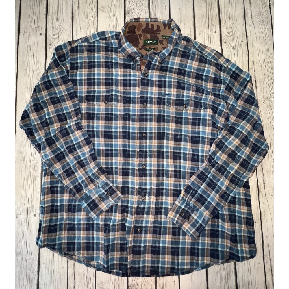 Orvis Flannel Mens 2XL Blue Plaid Button Up Long Sleeve Pockets Cotton Blend